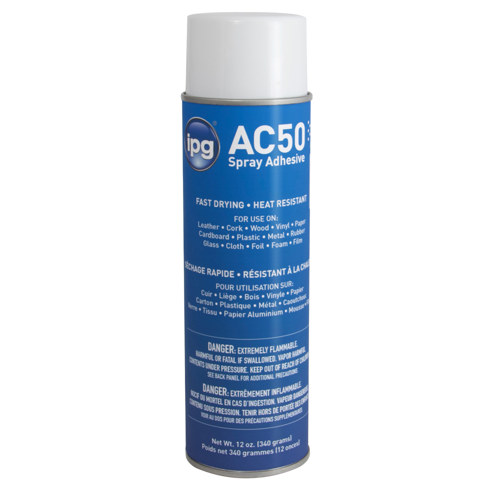 A blue spray adhesive can with white cap, featuring usage instructions and safety warnings printed on the label. Intertape® AC50 Clear Web Adhesive (24 oz., 12/Case)